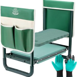 DEERFAMY Garden Stool 10.2" Width, Garden Kneeler and Seat Load Cap 350 lbs, Heavy Duty Gardening Stool with Extra Kneeling Pad, 2 Tool Pouches, Claw Gloves, Gift for Women Seniors, Green