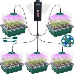 Seed Starter Tray Kit with Grow Light(2024 Upgrade 8 Full-Spectrum LED, Timer, Dimming, Higher Humidity Dome) 5 Pack Seedling Sprouting Trays Indoor Gardening Gifts Supplies Greenhouse Germination Kit